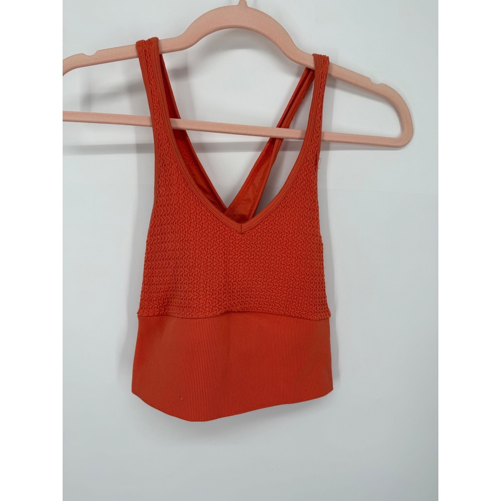 FP Movement Crop Top Women M/L Orange Smocked Ribbed Cross Back Activewear Gym